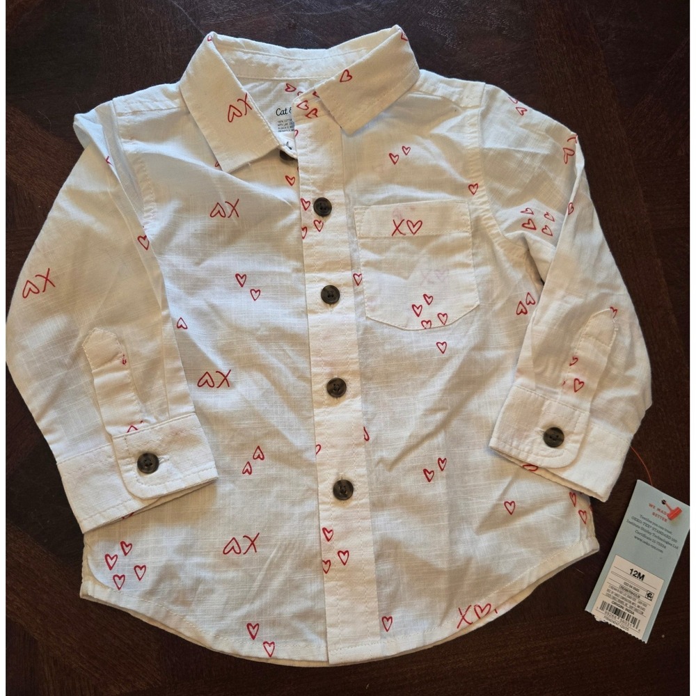 Cat & Jack Baby Boy 12M Cream Red Heart XO Button Down Shirt NWT Long Sleeve